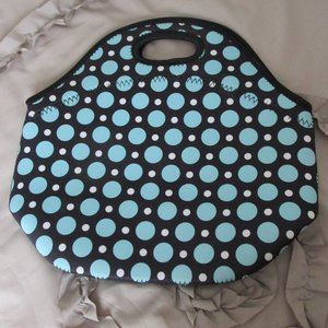 turquoise on black polka dot neoprene small satchel handbag